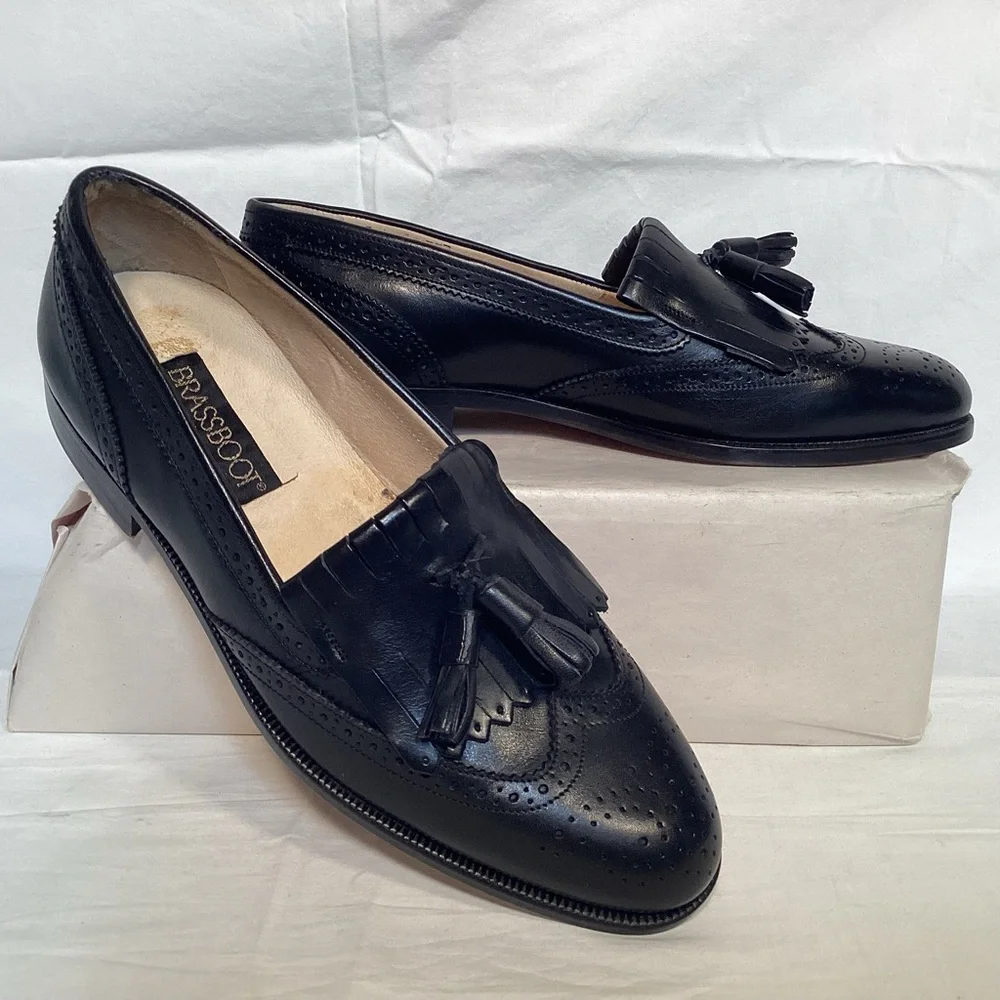 Brass Boot Vintage Italian Made Men's Black Leather Wingtip Tassel Loafers 8 1/2
